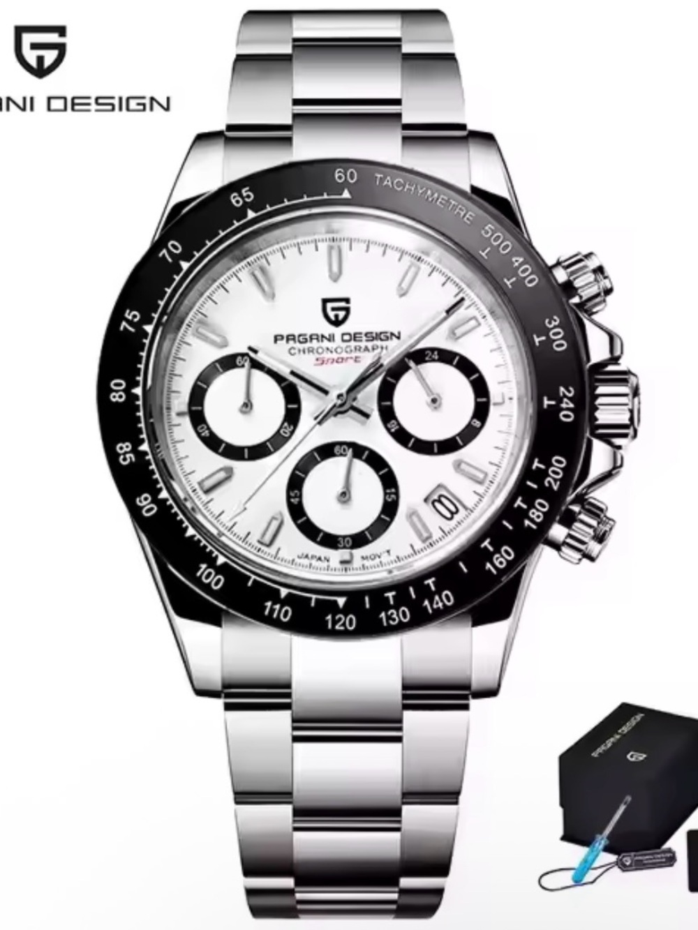 PAGANI DESIGN PD1644 Silver Stainless Steel Chronograph Watch with White Dial
